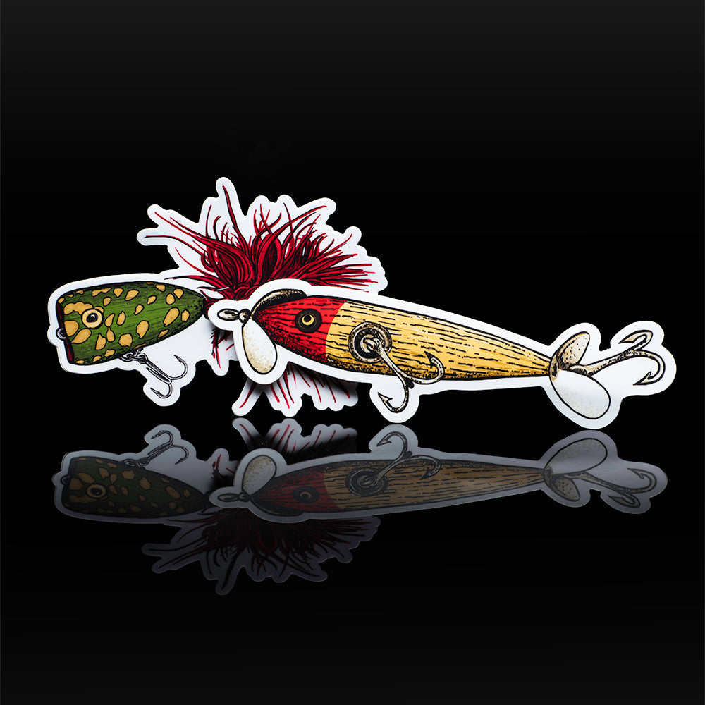 Lure decals on black background